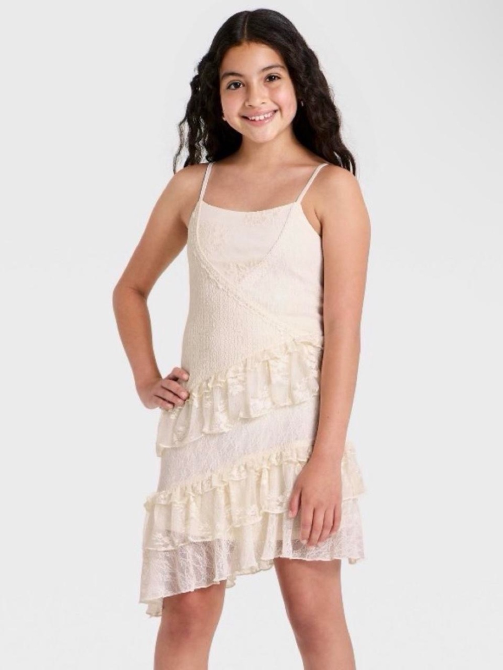 Zenzi Cream Lace Ruffle Spaghetti Strap Dress